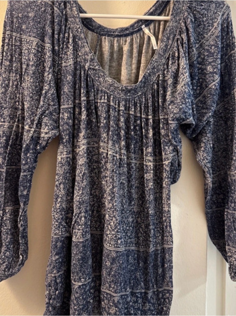 Free People Navy Blue Printed Peasant Blouse